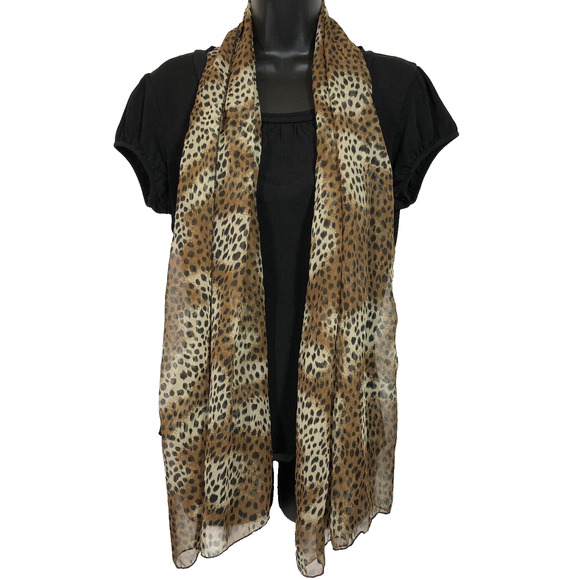 Long Animal Leopard Print Scarf, Brown and Black Sheer Rectangle Retro Pinup - Picture 5 of 7